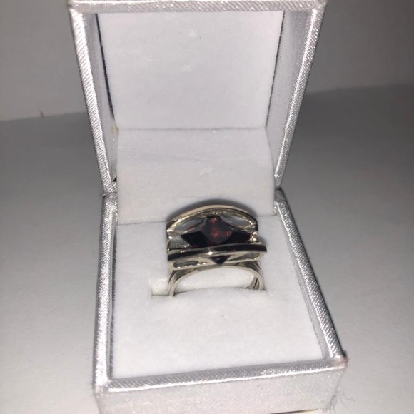 Gold and Silver Ring with Lab Created Garnet - Picture 3 of 3